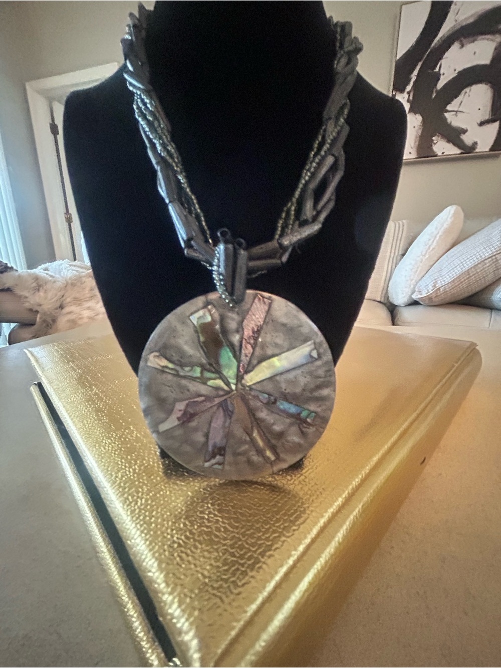 Statement Round Pendant Necklace with Iridescent Inlay